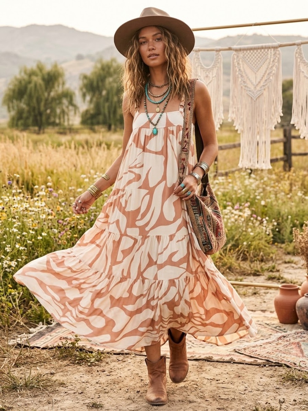 New tags Abel the Label Boho Tiered Maxi Dress brown Cream XS Small pockets